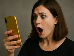 Eine Frau mit einem erschrockenen Gesichtsausdruck schaut auf ein goldenes Smartphone.