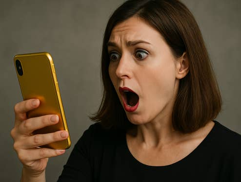 Eine Frau mit einem erschrockenen Gesichtsausdruck schaut auf ein goldenes Smartphone.