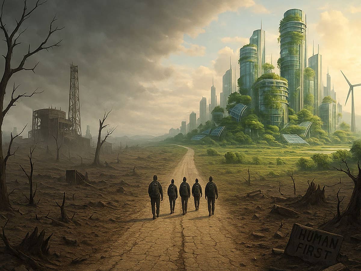 Einige Personen wandern durch dystopisches Ödland und laufen Richtung utopischer Stadt.