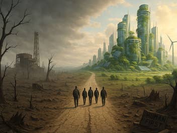 Einige Personen wandern durch dystopisches Ödland und laufen Richtung utopischer Stadt.