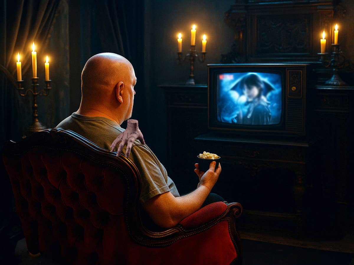 Casi sitzt in einem roten Samt-Sessel in einem dunklen, gothic-angehauchten Wohnzimmer mit Kerzenbeleuchtung vor dem Fernseher und sieht Wednesday.
