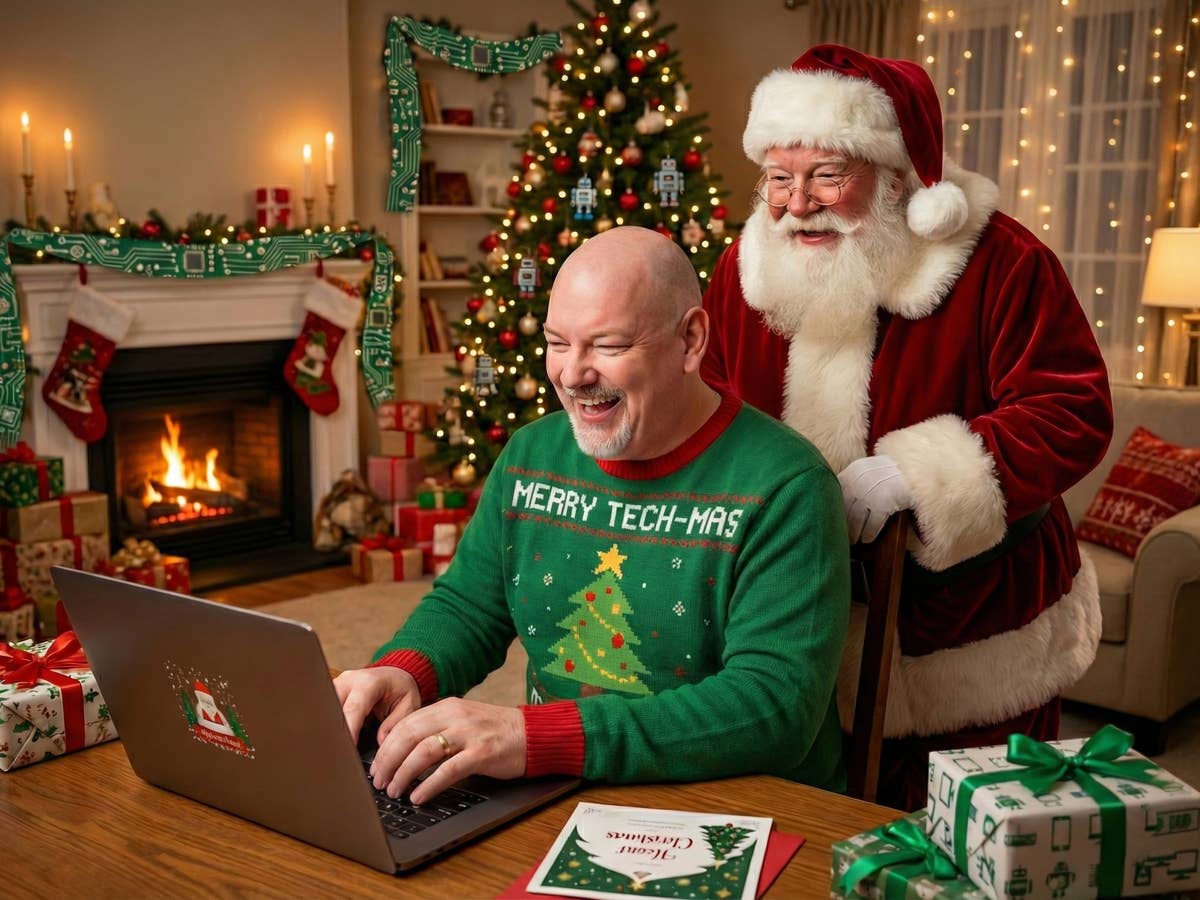 Weihnachtsgrüße per KI Casi schreibt Weihnachtsgrüße am Notebook in einem festlich geschmückten Wohnzimmer. Hinter ihm steht der Weihnachtsmann.