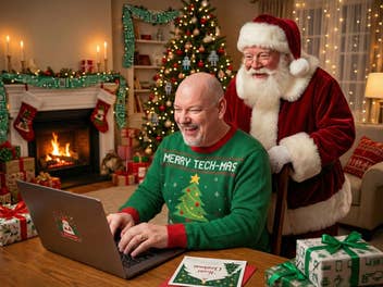 Casi schreibt Weihnachtsgrüße am Notebook in einem festlich geschmückten Wohnzimmer. Hinter ihm steht der Weihnachtsmann.