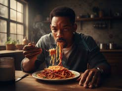 Will Smith, der Spaghetti mit einer Gabel isst, blickt konzentriert auf sein Essen.