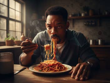 Will Smith, der Spaghetti mit einer Gabel isst, blickt konzentriert auf sein Essen.