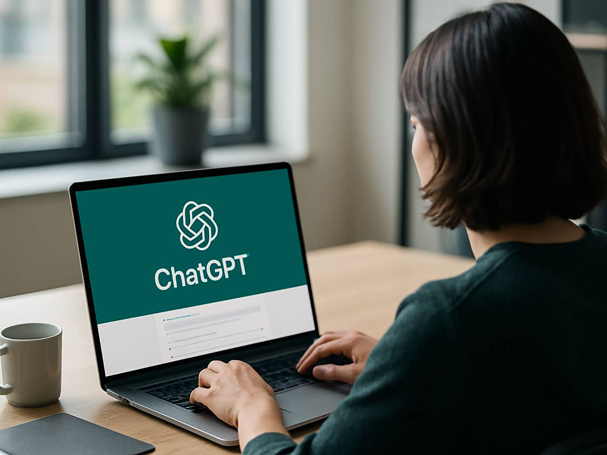 Eine Person arbeitet an einem Laptop mit dem ChatGPT-Logo, daneben eine Kaffeetasse.