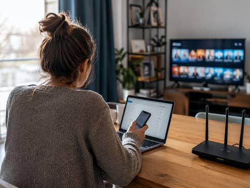 Die Glasfaser-Anbieter haben Milliarden verbaut, aber scheitern an einem an einem 50-Mbit/s-Tarif Eine Frau sitzt vor einem Laptop am Tisch.