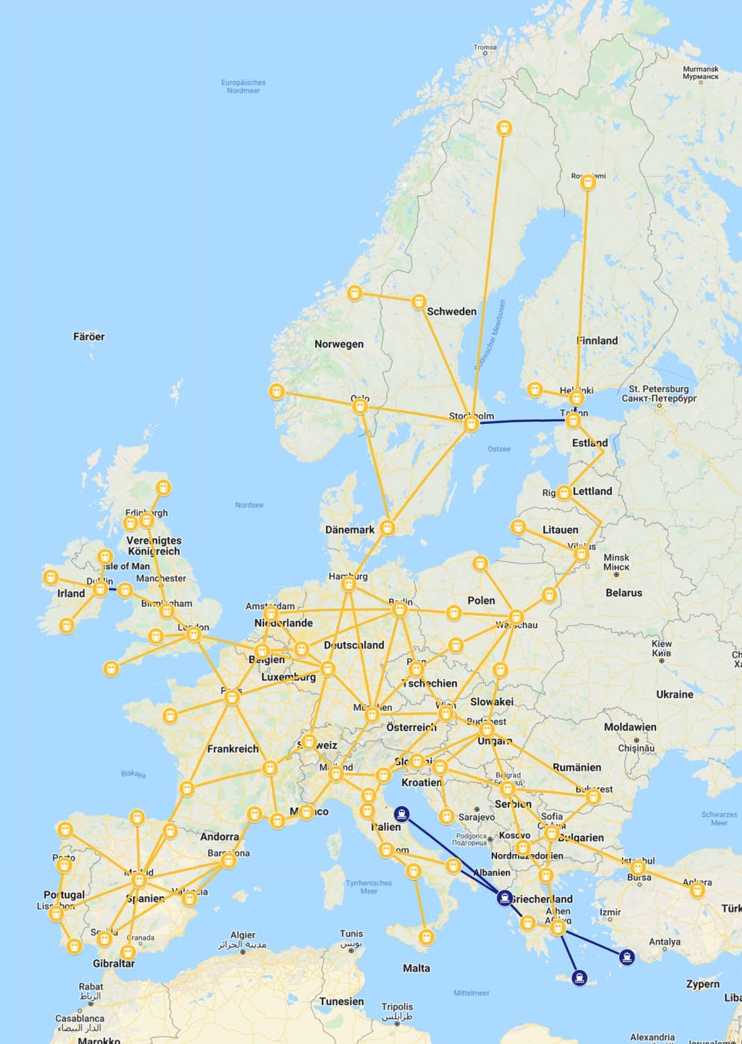 Eine Karte mit beliebten Interrail-Verbindungen mit der Bahn