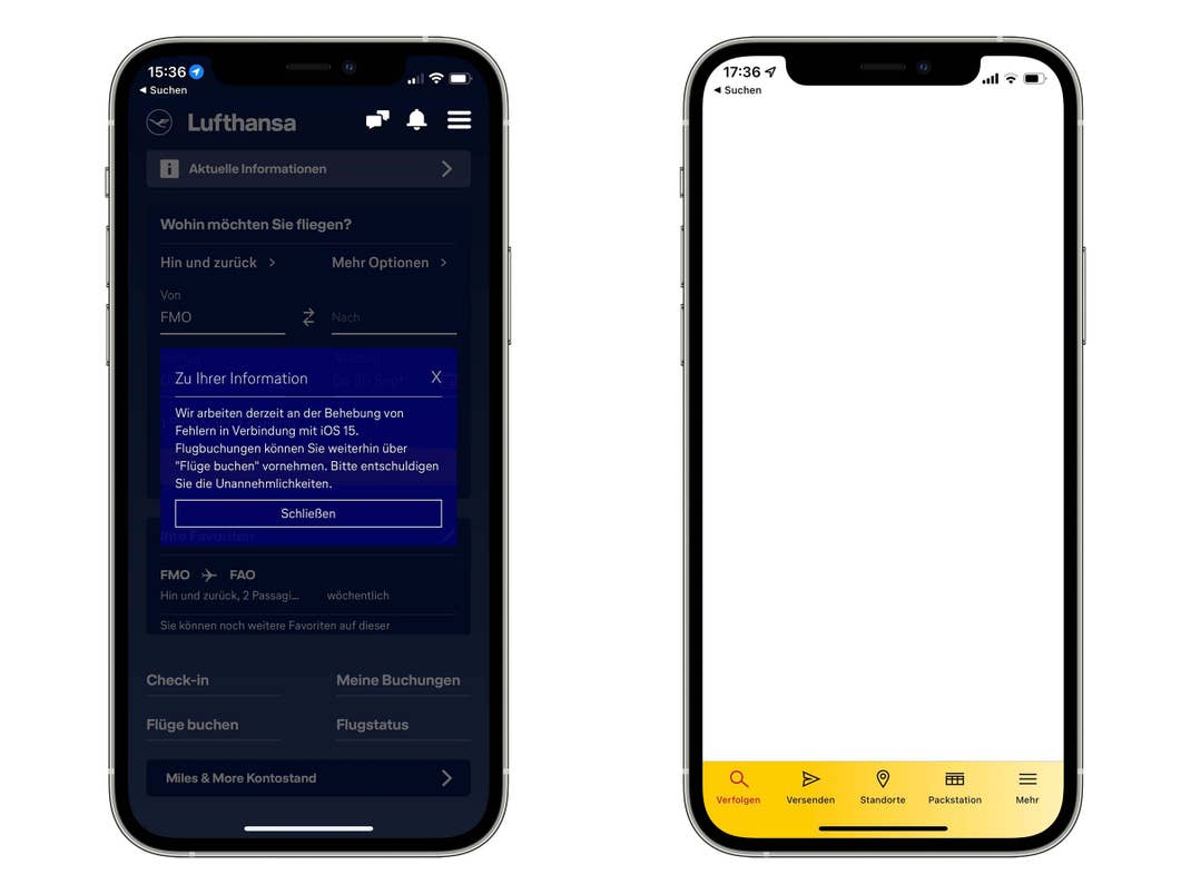 Screenshots von Fehlern in den Apps von Lufthansa und DHL in iOS 15