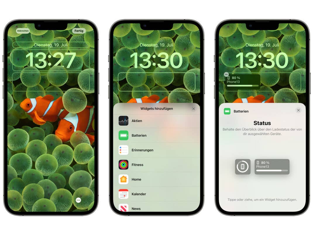 Screenshots von iOS 16 auf denen wir das Akku-Widget hinzufügen