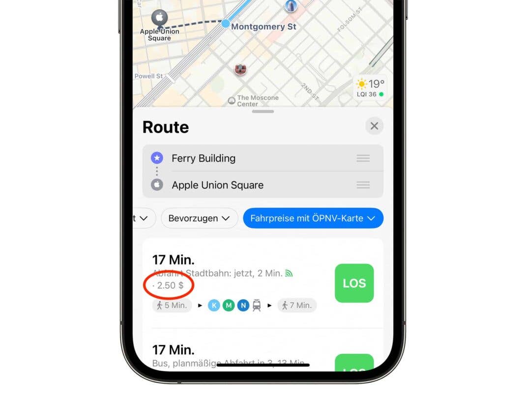 Screenshot von Apple Maps in iOS 16 mit Darstellung des Fahrtpreises der Bahn