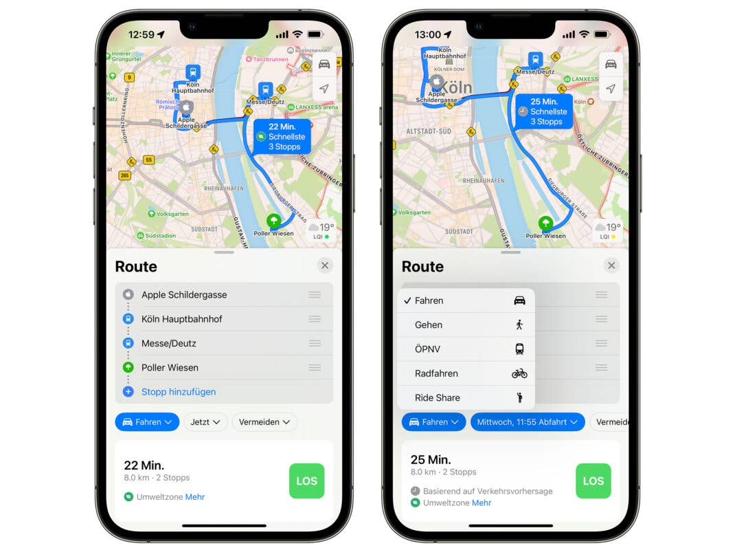 Zwei Screenshots von Apple Maps in iOS 16 auf dem eine Route mit mehreren Zielen geplant wurde