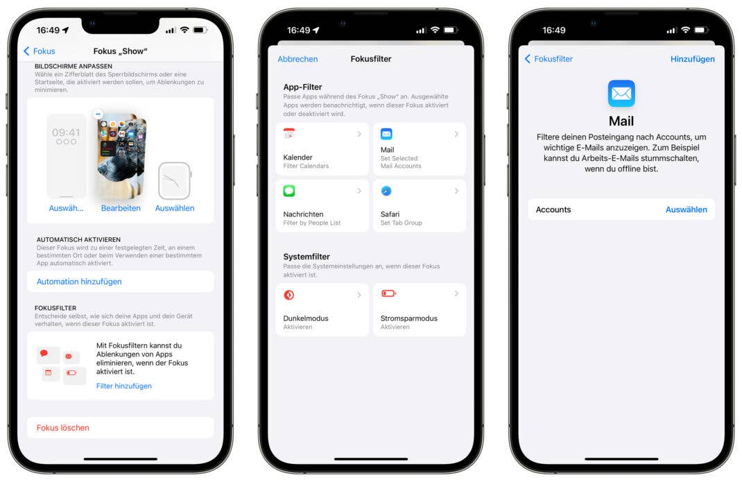 Drei Screenshots von iOS 16, die zeigen wie du Fokusfilter für die Mail-App einrichtest