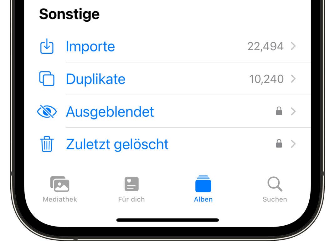 Screenshot der Fotos-App im Bereich Alben, wo du Duplikate finden kannst