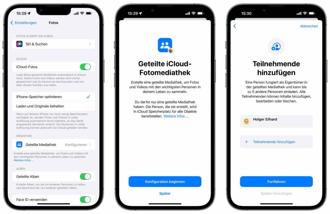 Screenshots der Einrichtung der geteilten iCloud-Fotomediathek in iOS 16