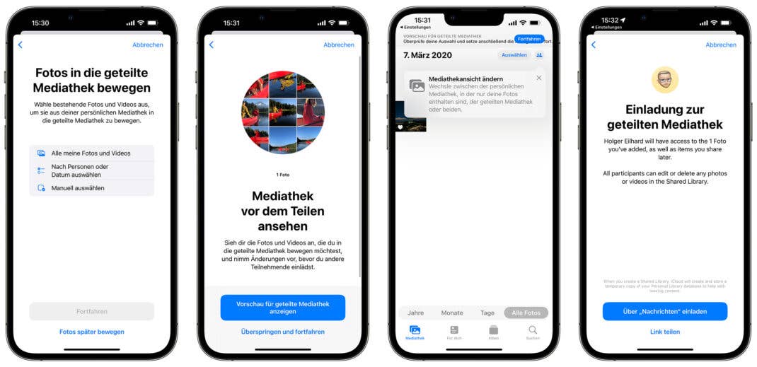 Screenshots der Einrichtung der geteilten iCloud-Fotomediathek in iOS 16