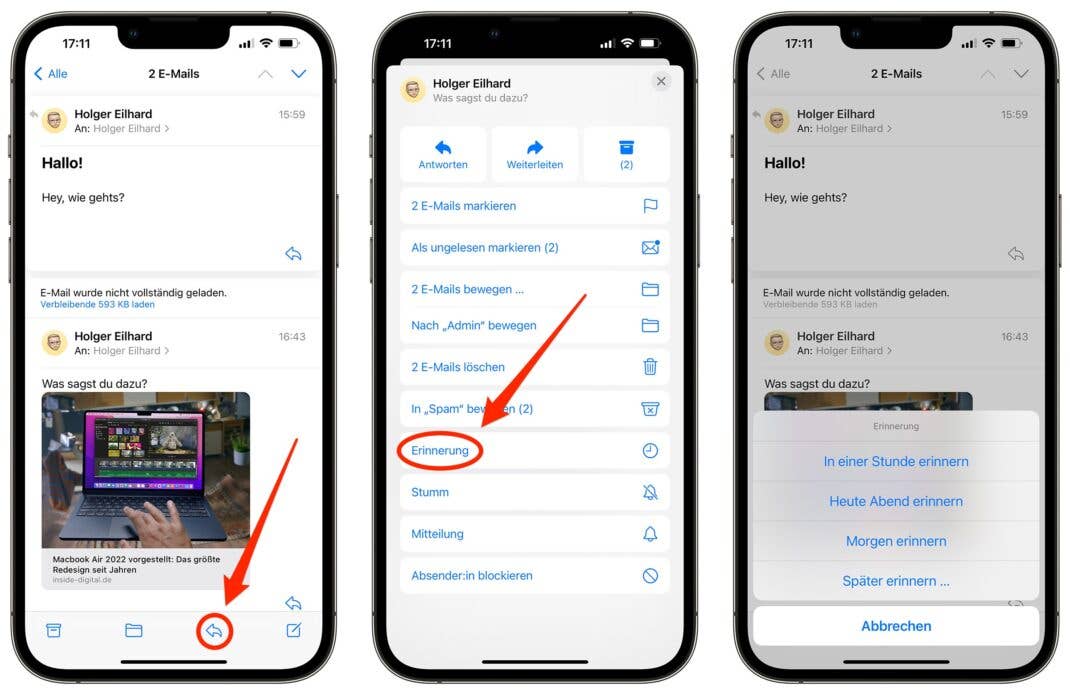 Screenshots von iOS 16, die zeigen, wie du dich in der Mail-App an Nachrichten erinnern lassen kannst