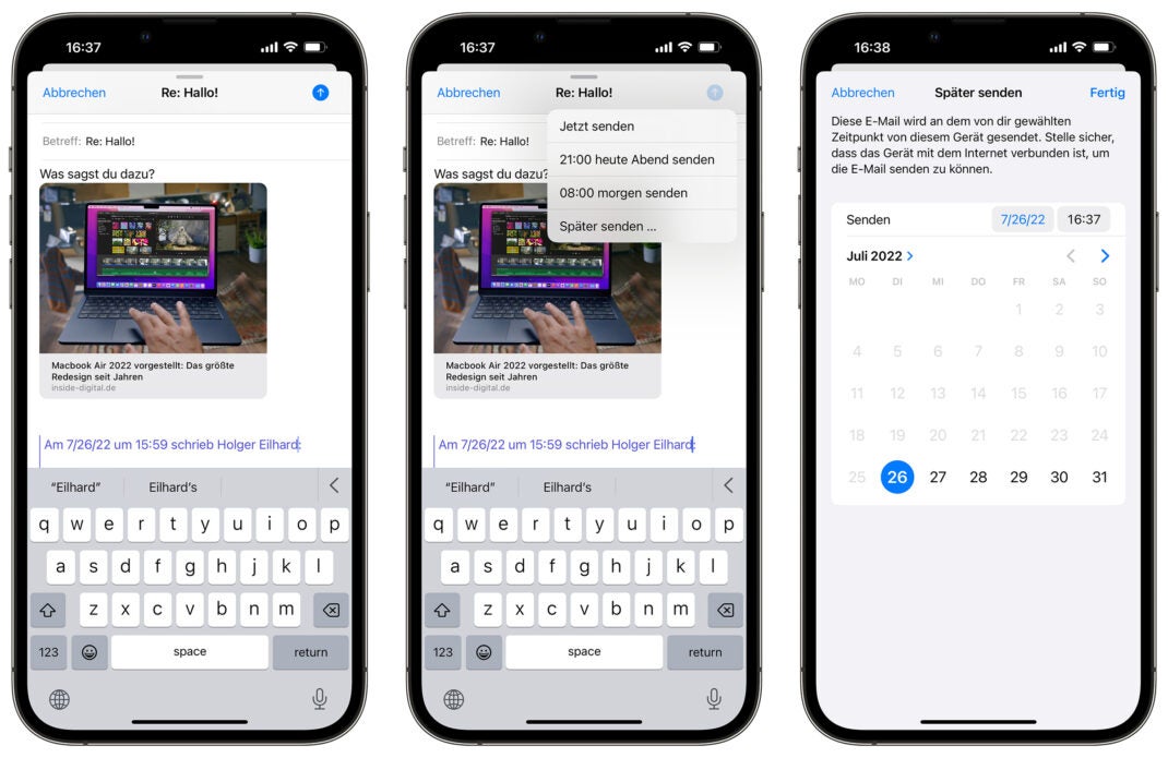 Drei Screenshots der Mail-App in iOS 16, die das zeitversetzte Versenden von Nachrichten zeigen