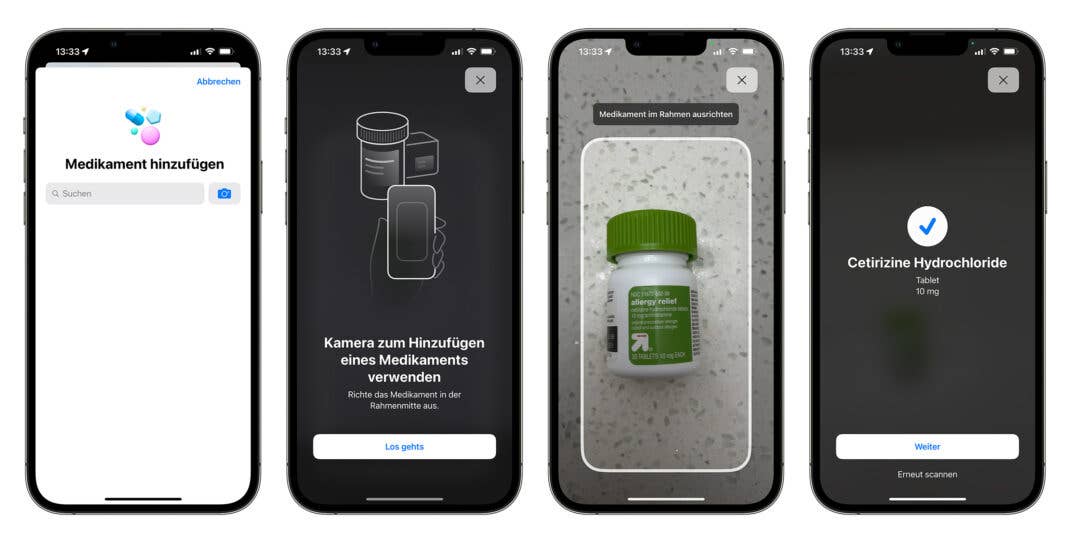 Screenshots vom Einpflegen neuer Medikamente in iOS 16