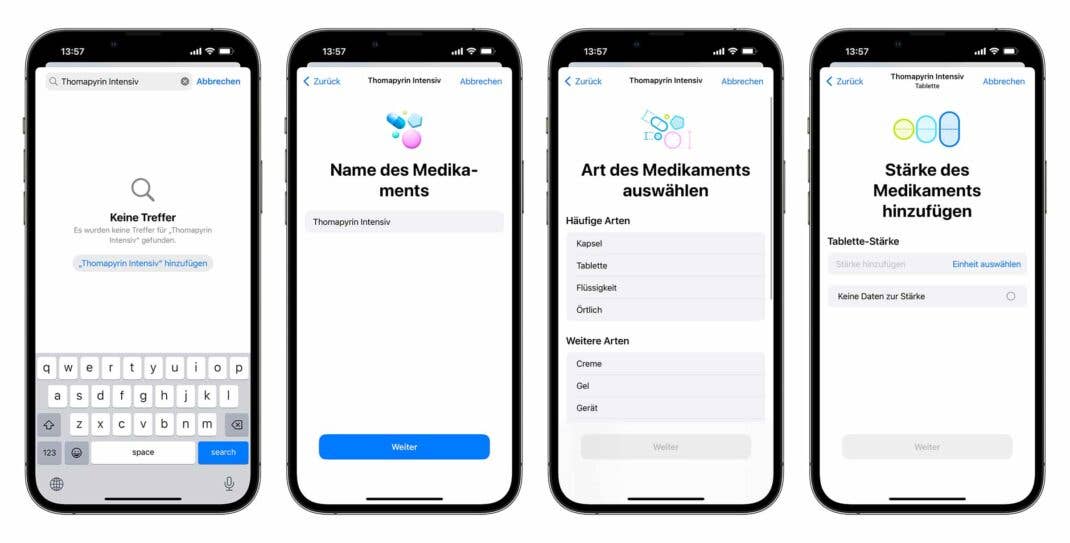 Screenshots vom Einpflegen neuer Medikamente in iOS 16