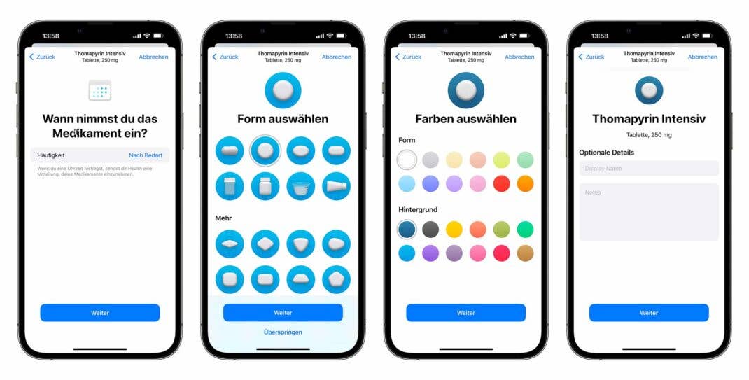 Screenshots vom Einpflegen neuer Medikamente in iOS 16