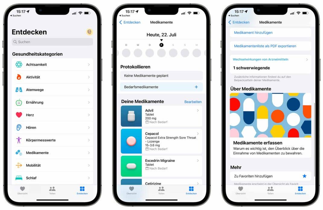 Screenshots der Medikamentenübersicht in iOS 16