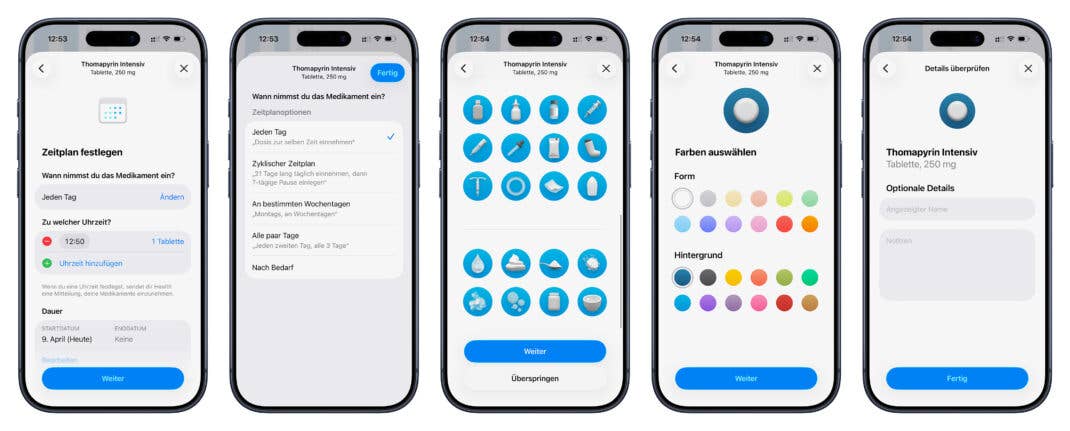Du kannst auch angeben, ob es sich um eine regelmäßige Einnahme handelt und die Form und Farbe ändern