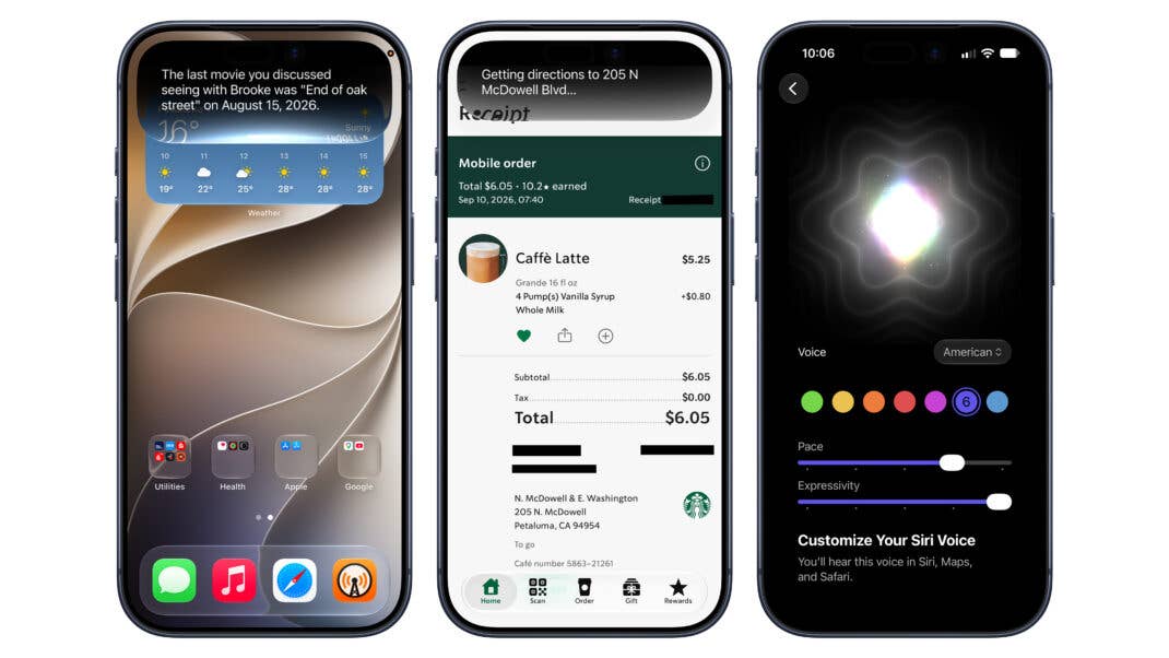 Drei iPhone-Screenshots zeigen Siris Antwort auf eine Filmfrage, den Start einer Navigation und Einstellungen für Stimme, Sprachtempo und Ausdrucksstärke.