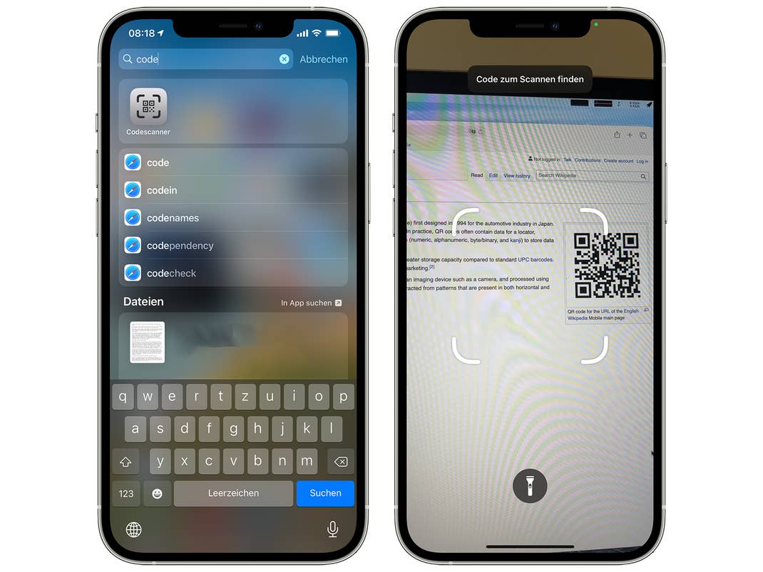 Apples Codescanner-App in iOS 14 auf dem iPhone
