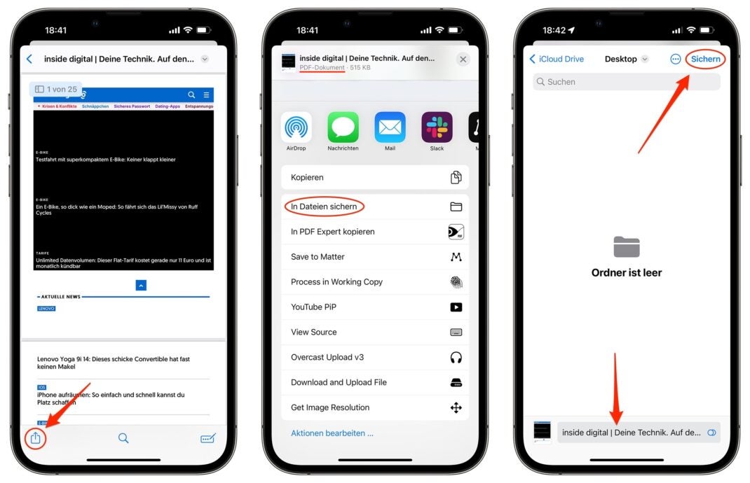 Drei Screenshots von iOS, die dir zeigen, wie du ein Dokument als PDF speicherst