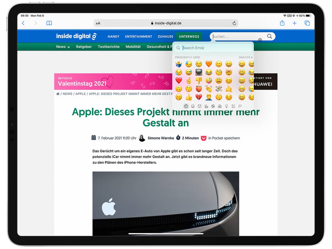 Die Emoji-Suche bei der Texteingabe in Textfeldern ist mit iPadOS 14.5 auch auf Apples Tablet vertreten