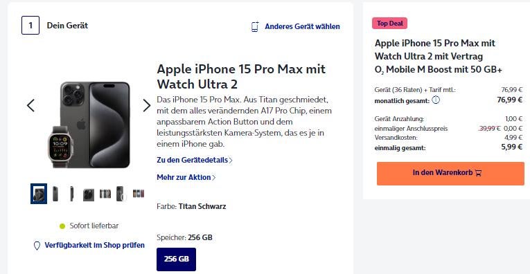 Apple Luxcus-Bundle bei O2: iPhone 15 Pro Max und Apple Watch Ultra mit Vertrag