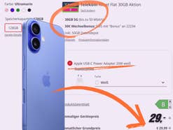Angebot zu einem iPhone 16 bei MediaMarkt mit Kenntlichmachung der Angebots-Highlights