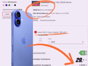 Angebot zu einem iPhone 16 bei MediaMarkt mit Kenntlichmachung der Angebots-Highlights