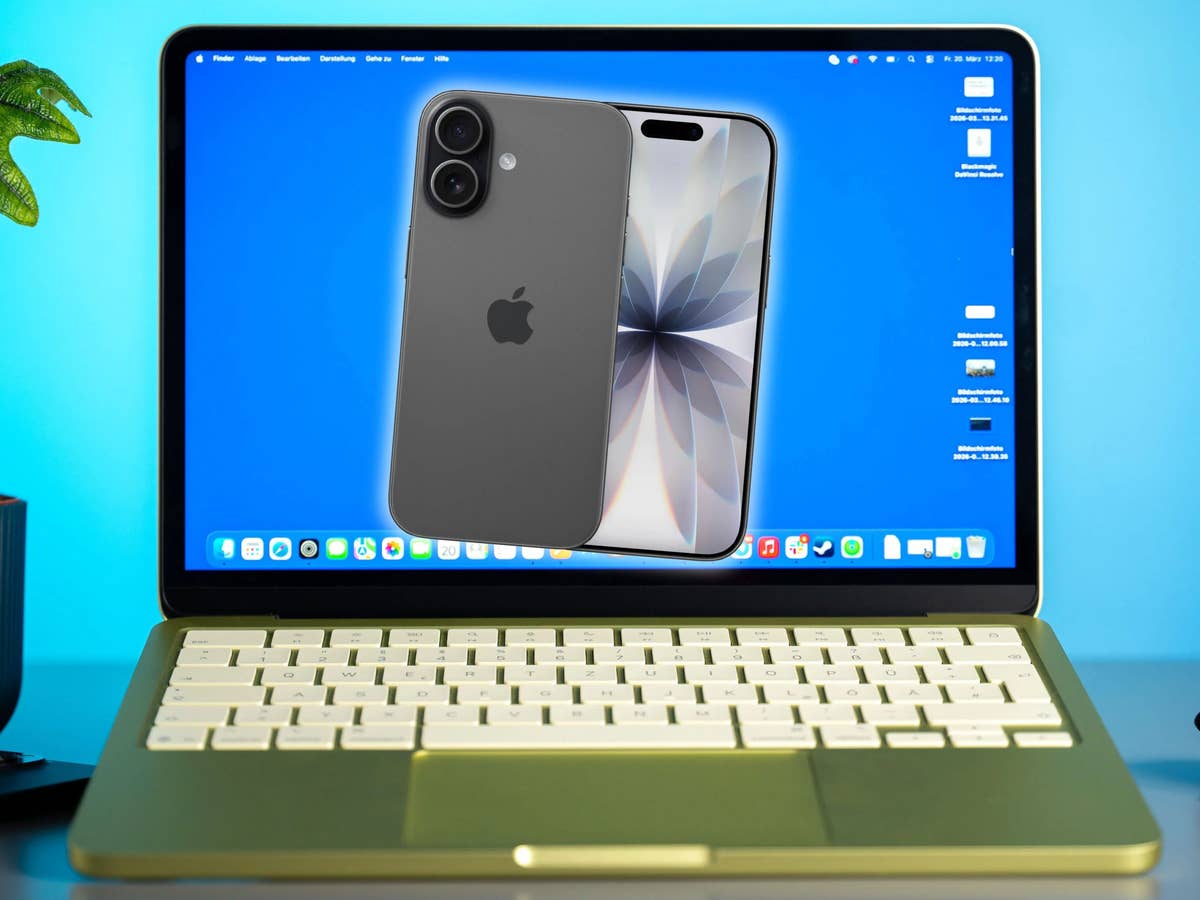 iPhone 17 mit MacBook Neo iPhone 17 im Vordergrund, dahinter das MacBook Neo auf einem Schreibtisch