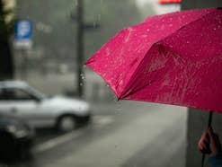 Ein pink-roter Regenschirm im Regen