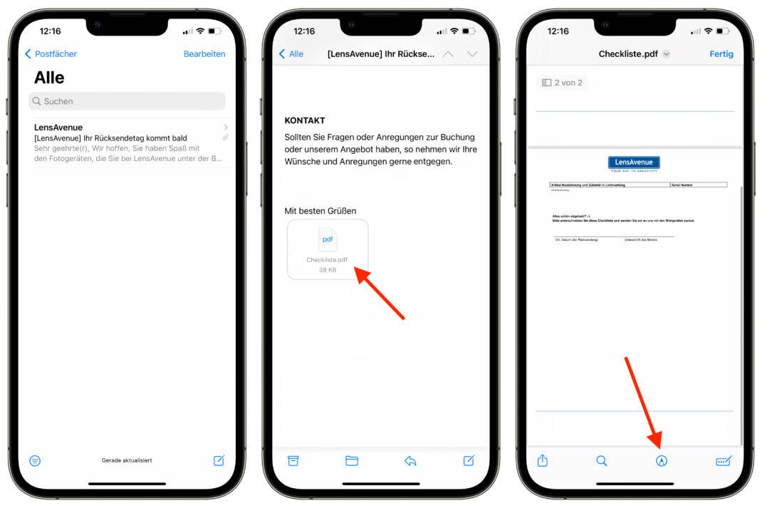 In der Mail-App öffnen wir den PDF-Anhang einer Nachricht und wählen dann das Markierungswerkzeug aus