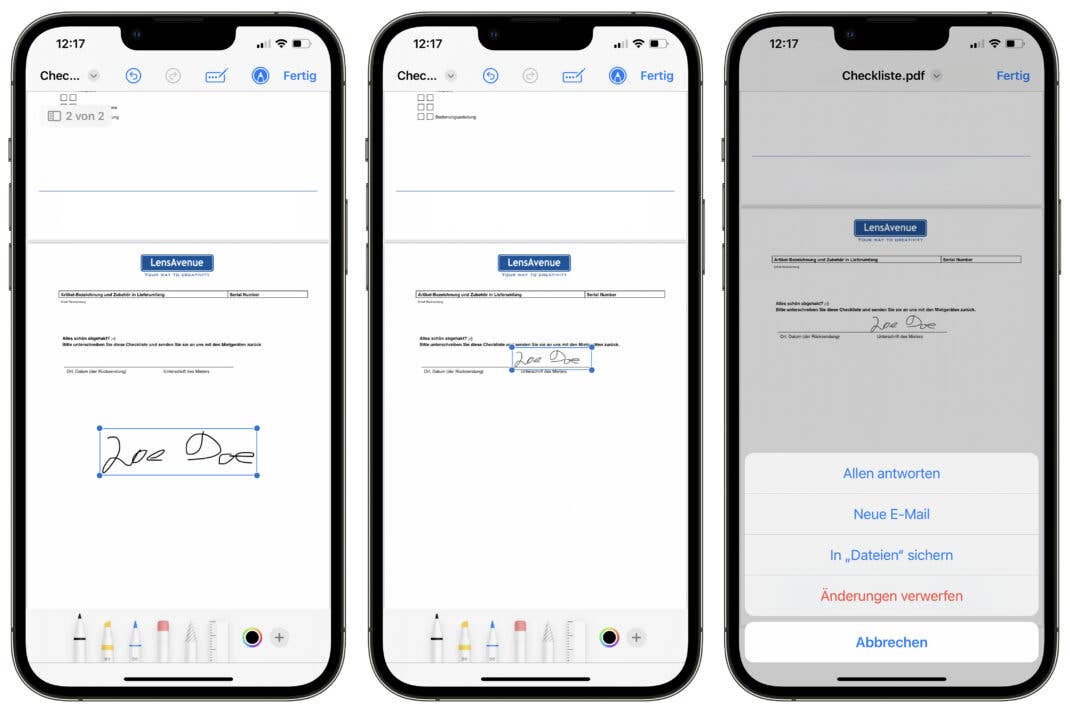 In den letzten Schritten passen wir die Position und Größe der Unterschrift an, bevor wir das unterschriebene Dokument mit dem iPhone verschicken oder speichern