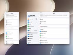 Zwei iPhone-Mirroring-Fenster auf einem Mac zeigen die iOS-Einstellungen im normalen iPhone-Format und in einem breiten Foldable-Format.