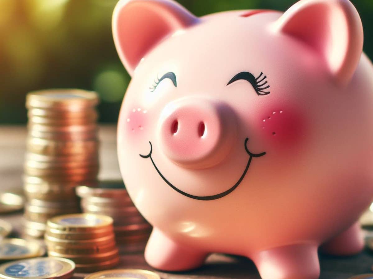 Lachendes Sparschwein steht neben Euro-Geldmünzen.