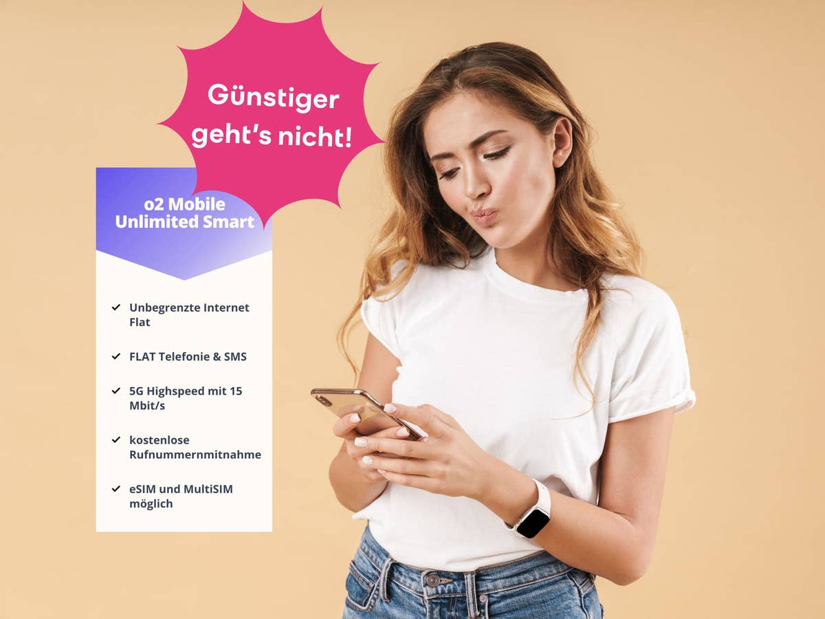 Frau mit Smartphone im Hintergrund. An der Seite wird ein aktuelles Tarif-Angebot eingeblendet