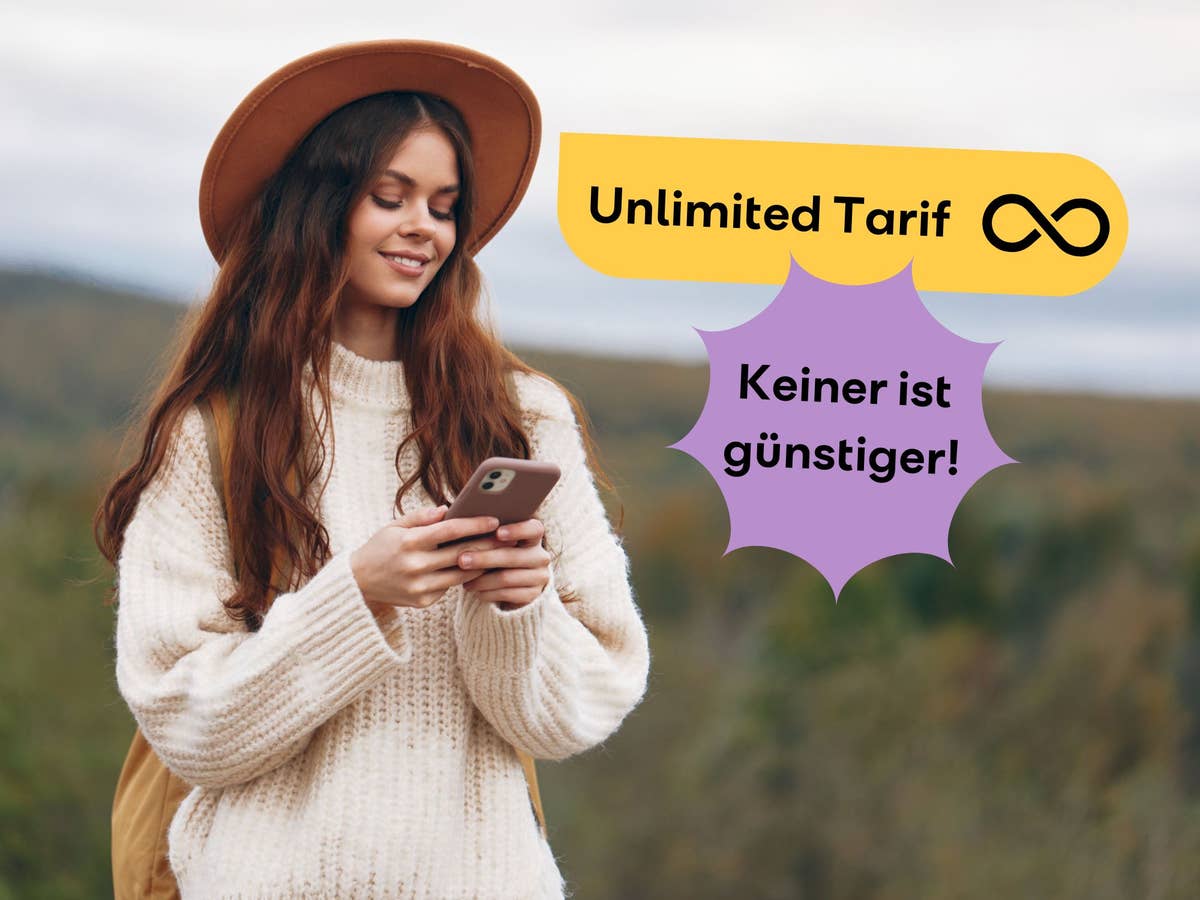 Frau mit Smartphone im Hintergrund, vorn Texte in denen der günstigste Unlimited-Tarif angepriesen wird