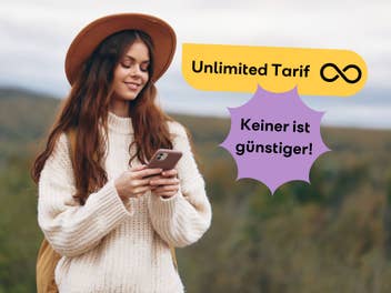 Frau mit Smartphone im Hintergrund, vorn Texte in denen der günstigste Unlimited-Tarif angepriesen wird