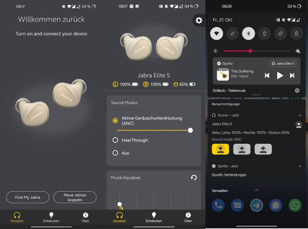 Screenshots der Jabra Sound+ App
