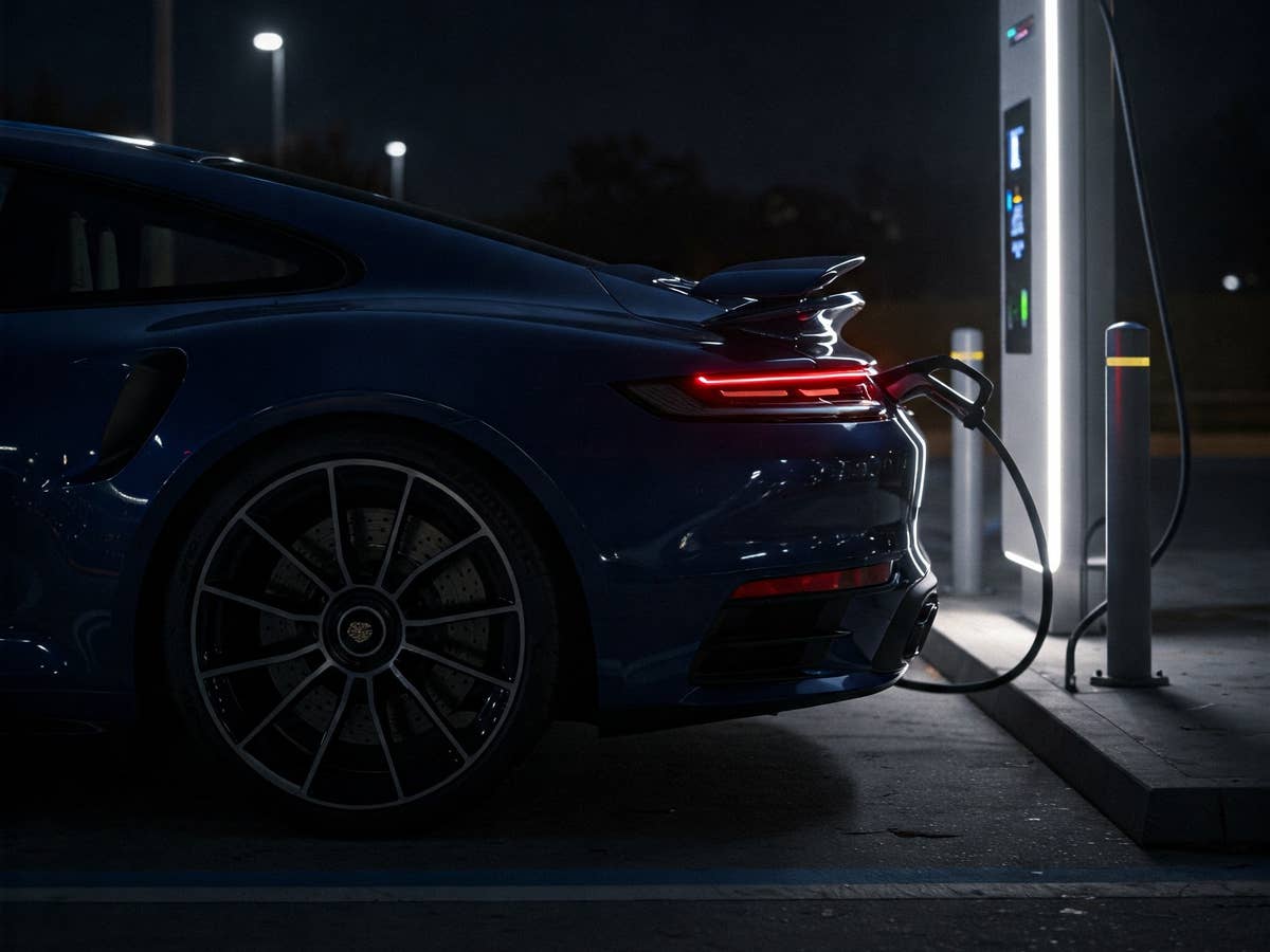 E-Auto parkt und lädt an einer Ladesäule bei Nacht.