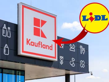 Eine Kaufland-Filiale von außen, ein Pfeil und das Lidl-Logo