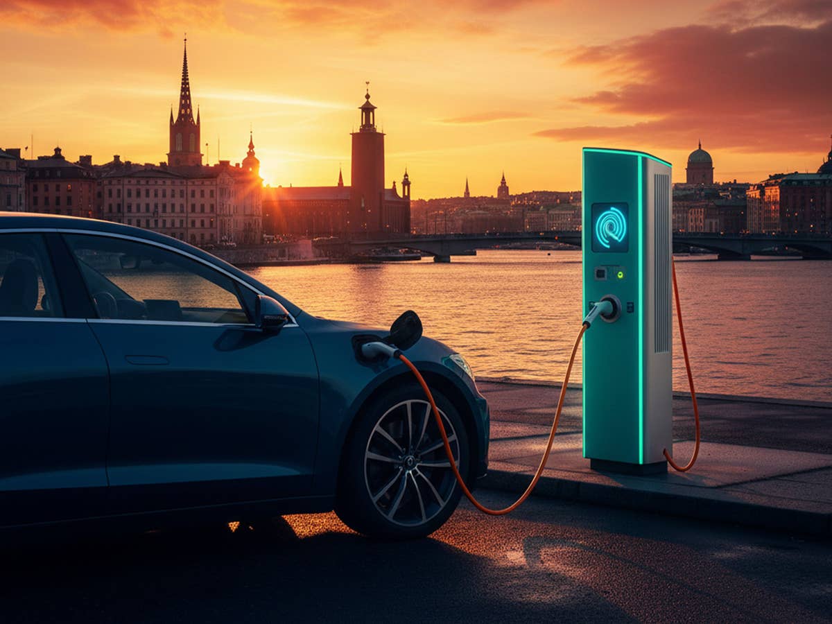 E-Auto an einer Ladesäule vor der Skyline von Stockholm.
