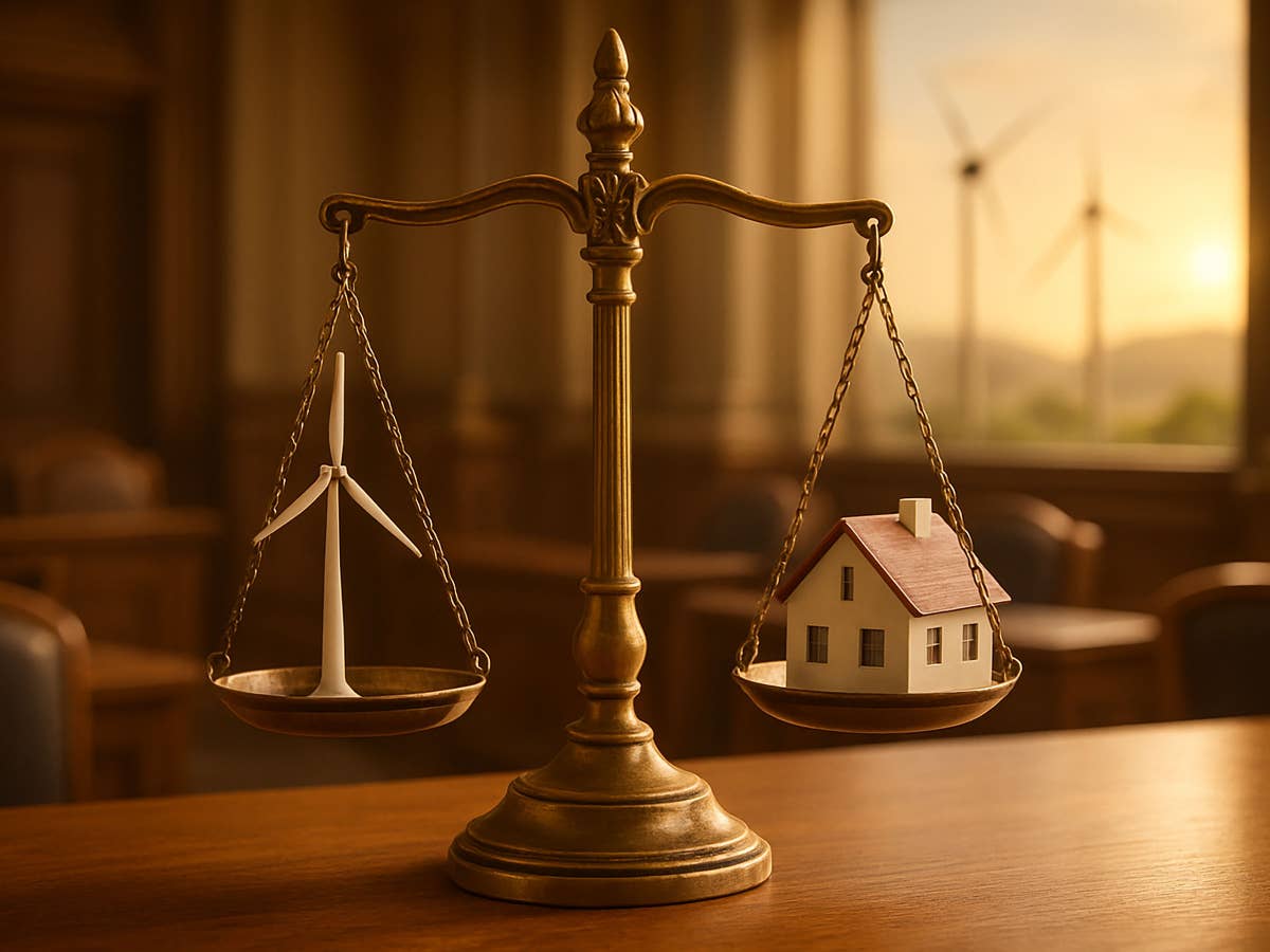 KI generiert Windrad und Haus in Waage im Gerichtssaal
