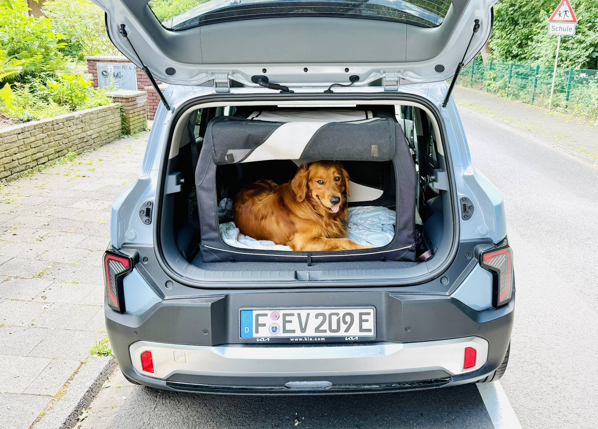 Kia EV2 mit Hundebox im Kofferraum.