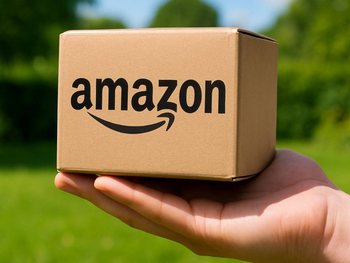 kleines-amazon-paket-wird-von-einer-person-im-garten-gehalten Kleines Amazon-Paket wird von einer Person im Garten gehalten